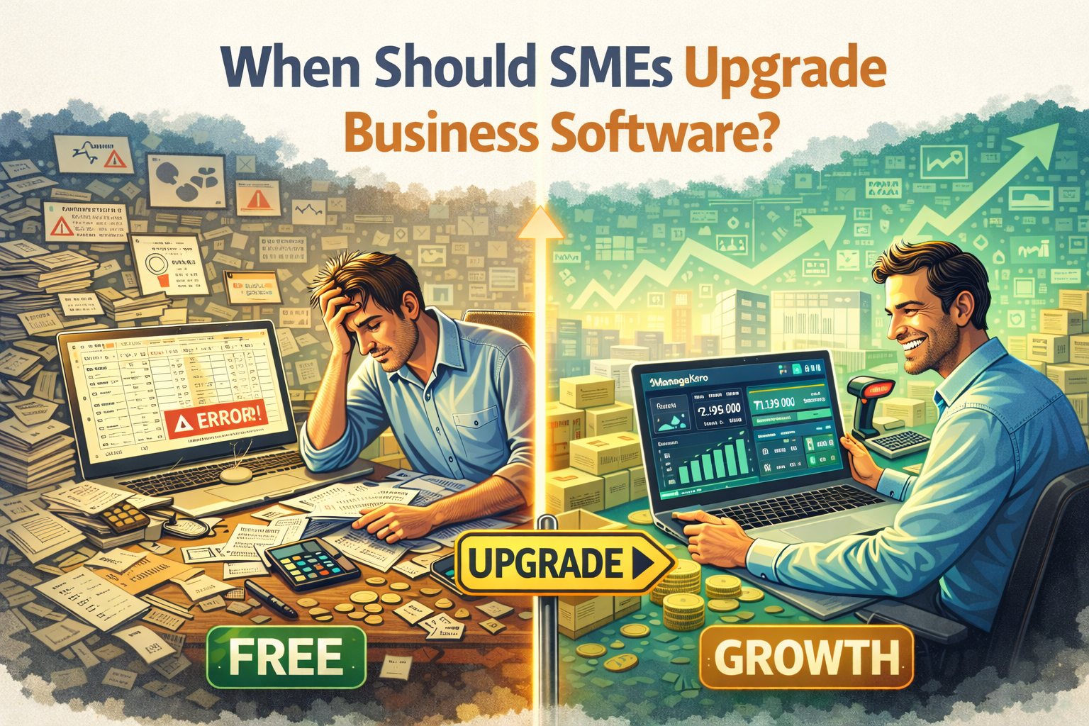 When SMEs should upgrade business software, showing manual errors and paperwork on one side and automated growth dashboards on the other