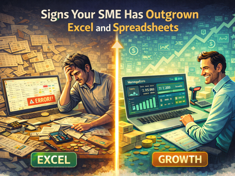 Signs your SME has outgrown Excel spreadsheets, showing chaotic manual work on one side and organized business growth dashboards on the other