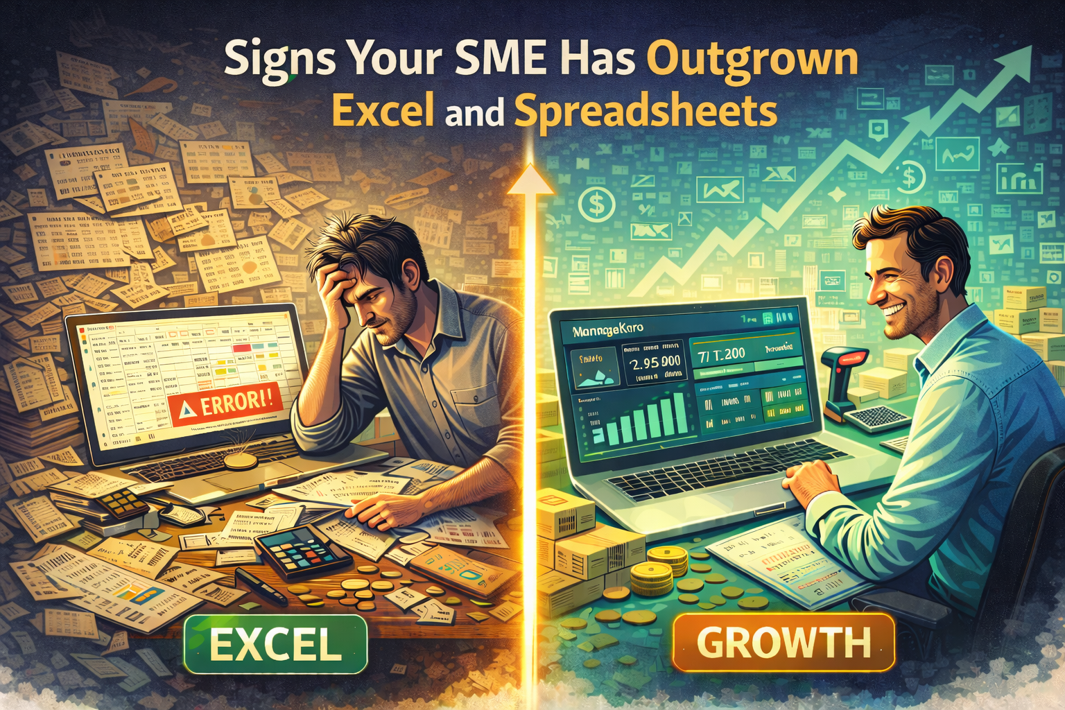 Signs your SME has outgrown Excel spreadsheets, showing chaotic manual work on one side and organized business growth dashboards on the other