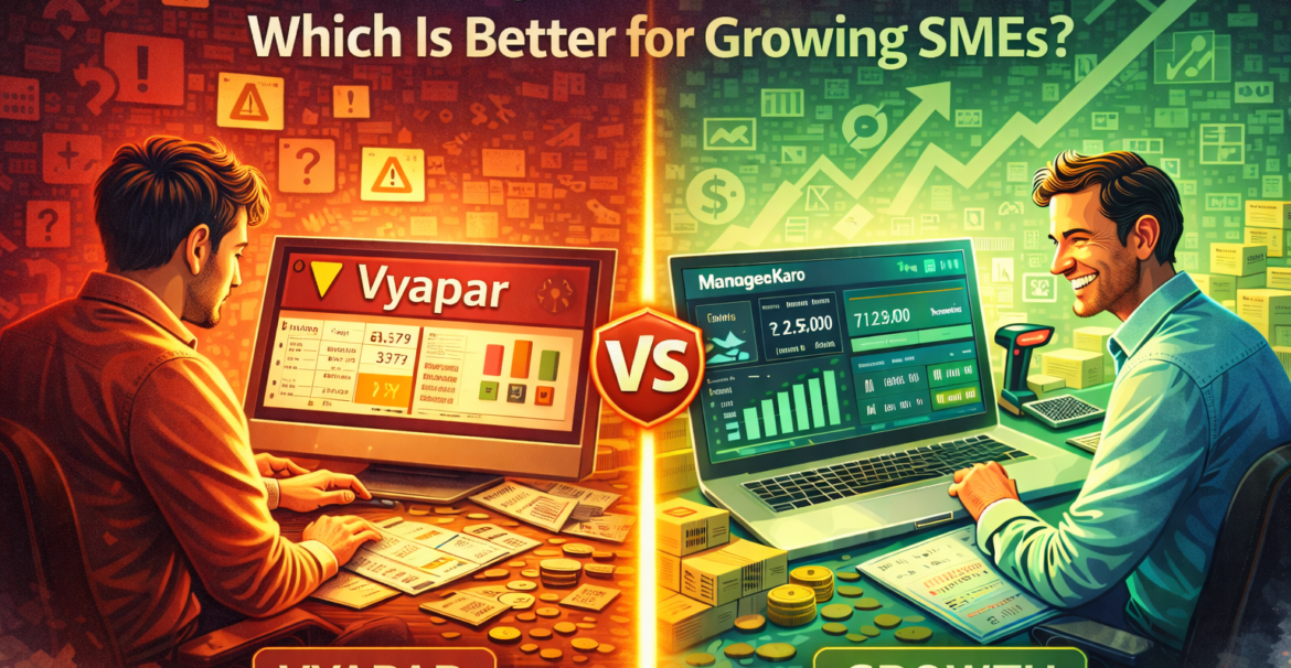 ManageKaro vs Vyapar comparison showing Vyapar’s red-themed billing interface contrasted with ManageKaro’s green growth dashboard for SMEs