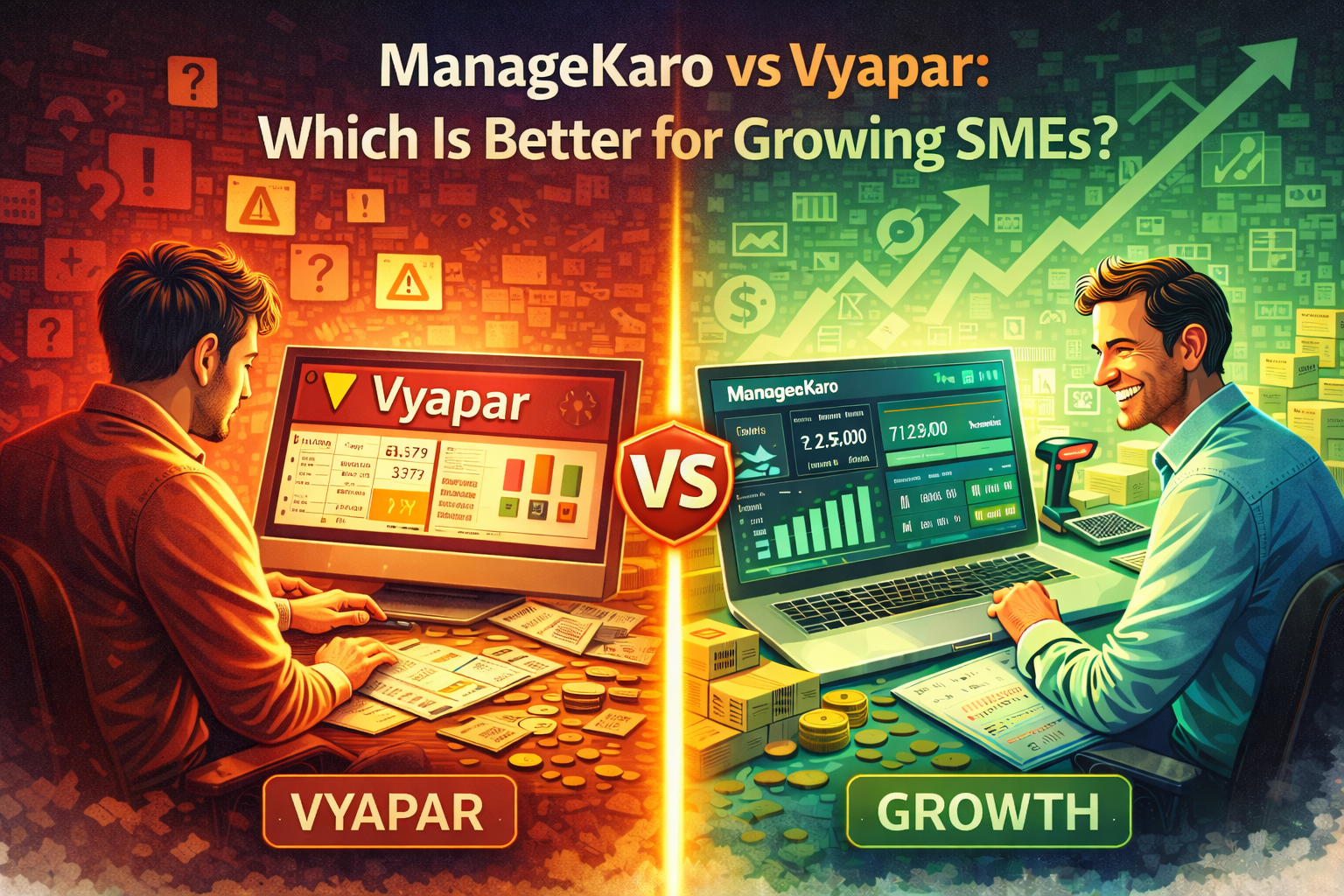 ManageKaro vs Vyapar comparison showing Vyapar’s red-themed billing interface contrasted with ManageKaro’s green growth dashboard for SMEs