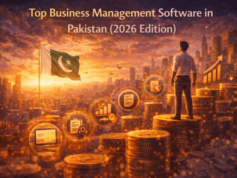 Pakistan SME growth illustrated by a business owner overlooking a modern city with rising financial symbols and business progress