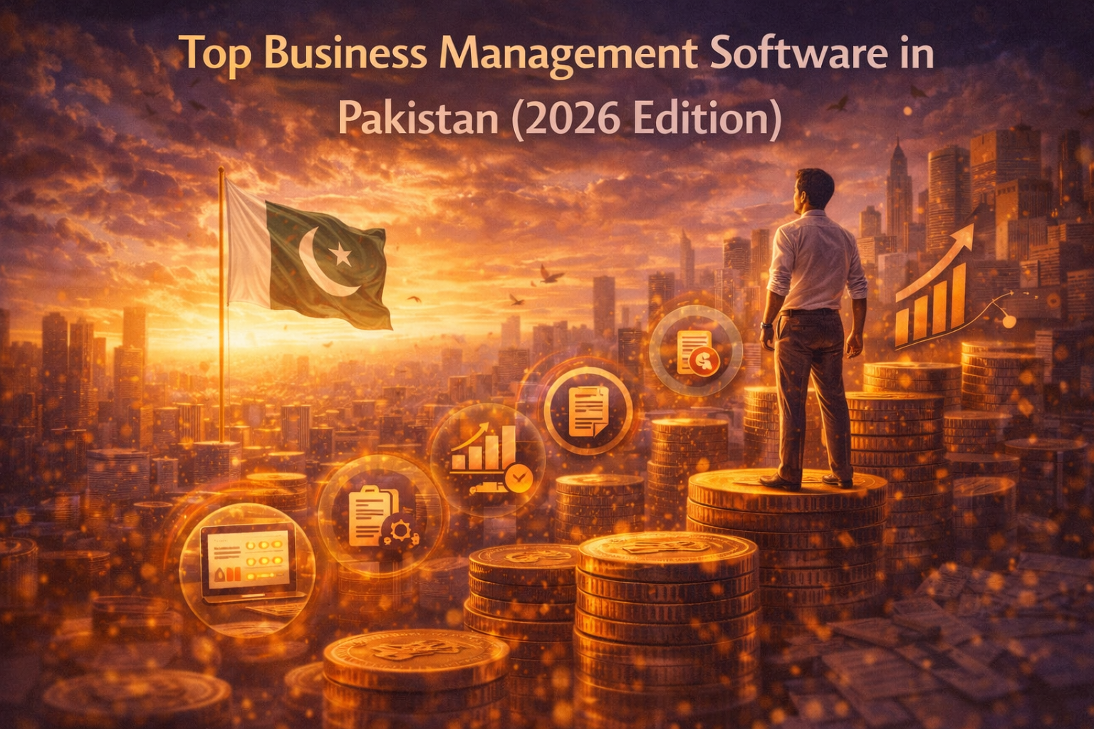 Pakistan SME growth illustrated by a business owner overlooking a modern city with rising financial symbols and business progress