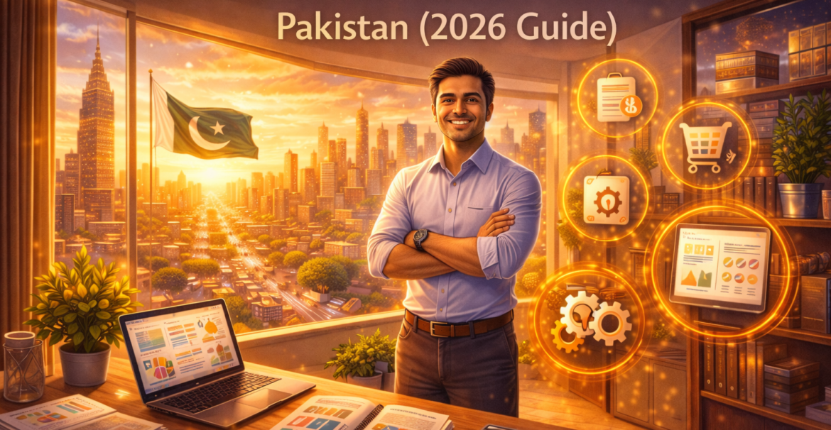 Best software for small businesses in Pakistan 2026 illustrated by a confident SME owner with glowing financial and inventory icons in a modern city setting