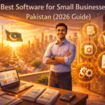 Best software for small businesses in Pakistan 2026 illustrated by a confident SME owner with glowing financial and inventory icons in a modern city setting