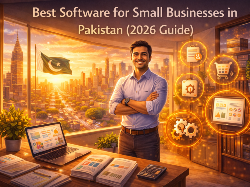 Best software for small businesses in Pakistan 2026 illustrated by a confident SME owner with glowing financial and inventory icons in a modern city setting