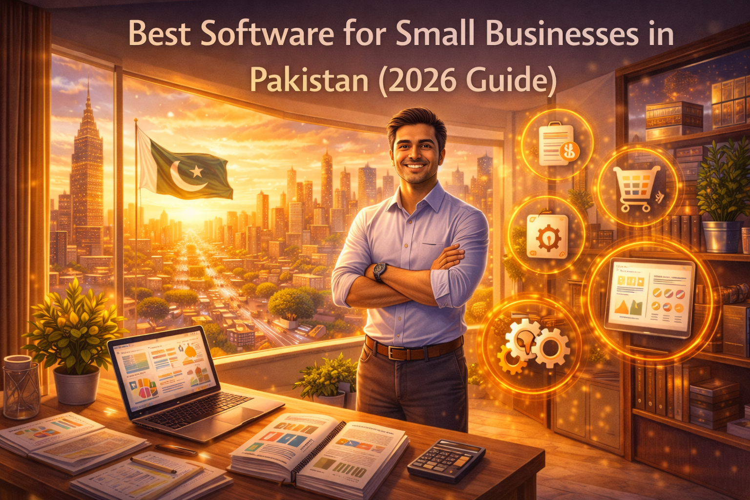 Best software for small businesses in Pakistan 2026 illustrated by a confident SME owner with glowing financial and inventory icons in a modern city setting