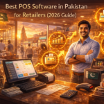 Best POS software in Pakistan for retailers in 2026 shown through a confident store owner using a modern POS system with growth indicators