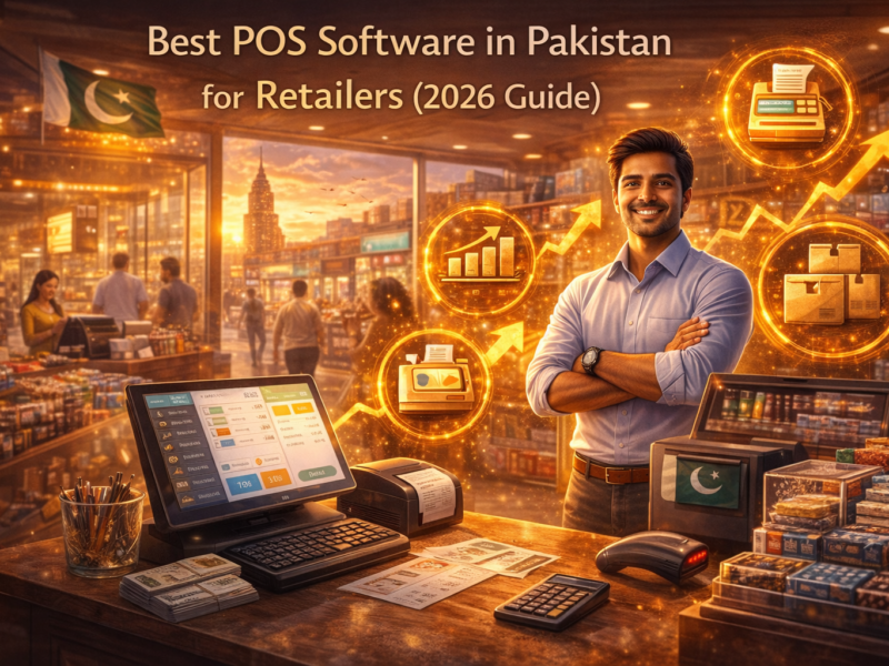 Best POS software in Pakistan for retailers in 2026 shown through a confident store owner using a modern POS system with growth indicators