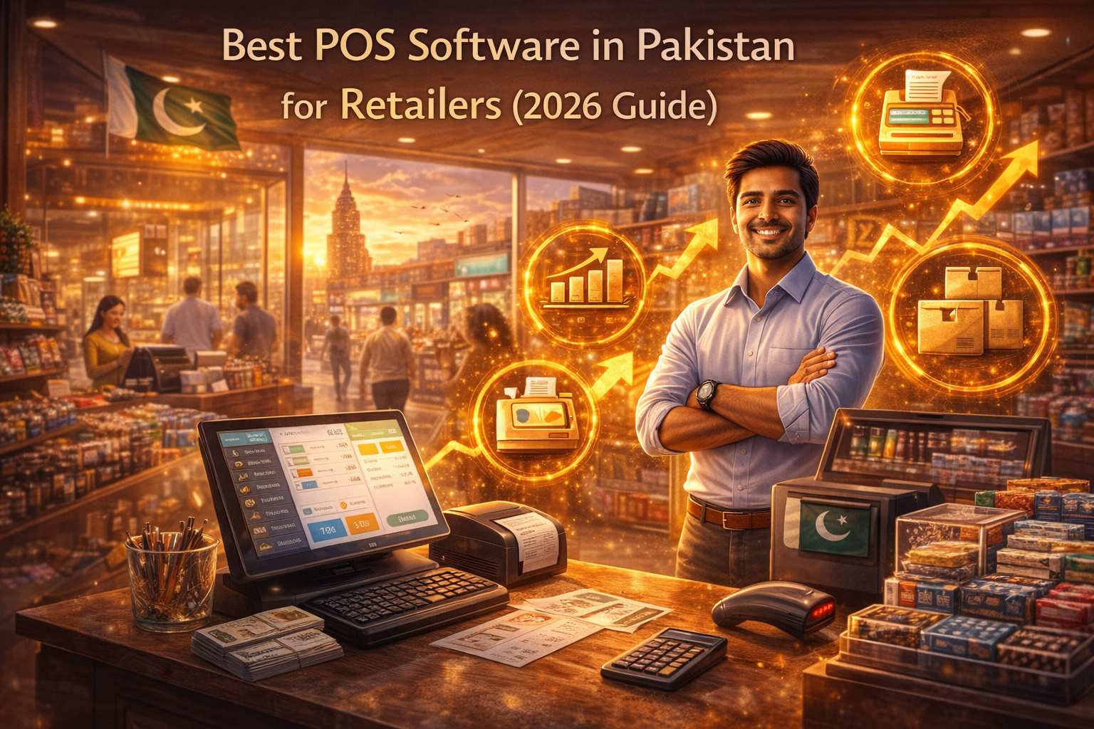 Best POS software in Pakistan for retailers in 2026 shown through a confident store owner using a modern POS system with growth indicators