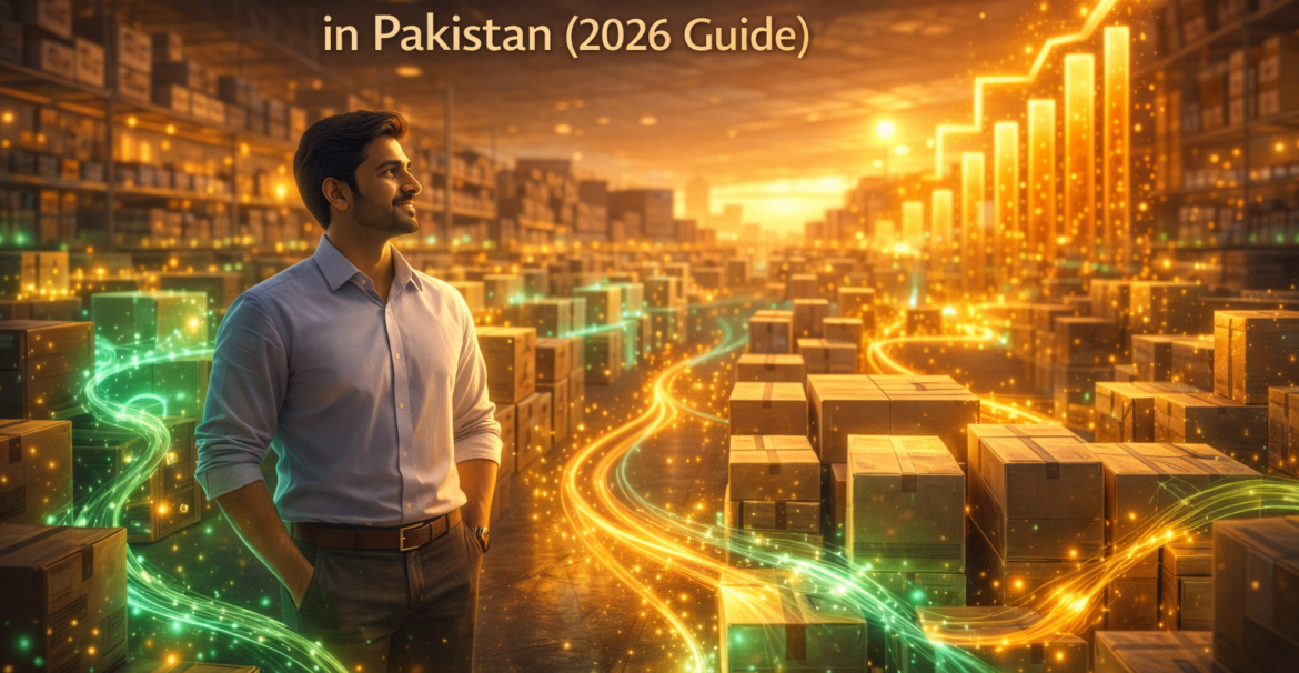 Best inventory management software in Pakistan 2026 illustrated by a South Asian business owner in a glowing warehouse with cash flow energy and rising financial growth