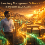 Best inventory management software in Pakistan 2026 illustrated by a South Asian business owner in a glowing warehouse with cash flow energy and rising financial growth