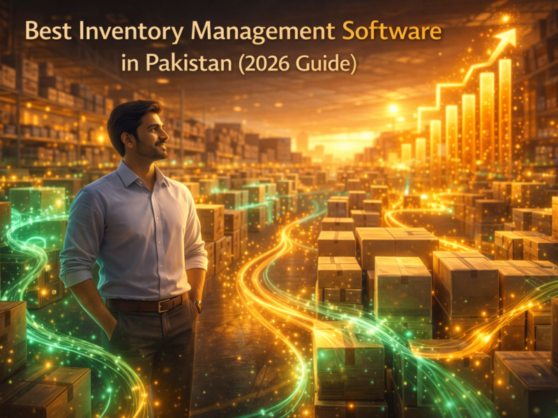 Best inventory management software in Pakistan 2026 illustrated by a South Asian business owner in a glowing warehouse with cash flow energy and rising financial growth