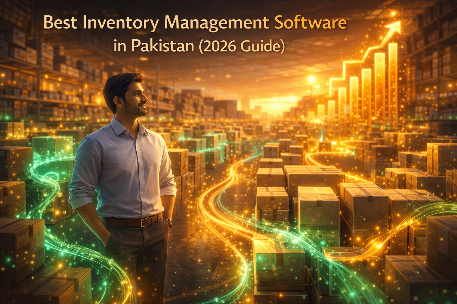 Best inventory management software in Pakistan 2026 illustrated by a South Asian business owner in a glowing warehouse with cash flow energy and rising financial growth