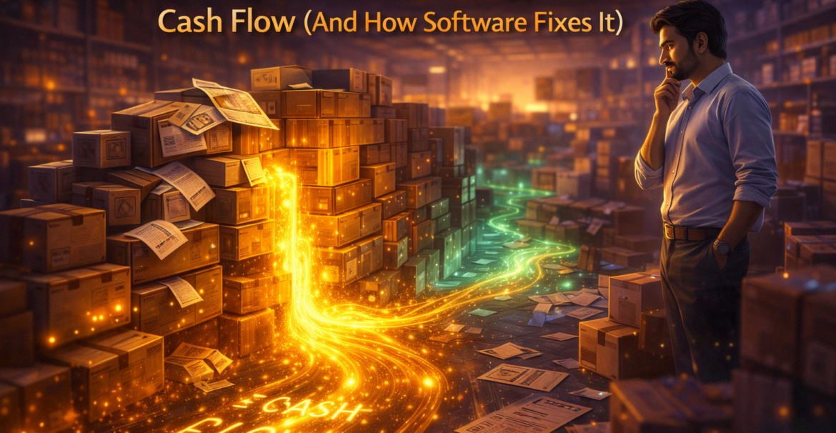 Why most Pakistani SMEs struggle with cash flow illustrated by a glowing golden cash flow river blocked by inventory and invoices inside a retail warehouse
