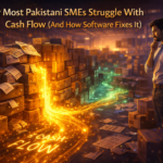 Why most Pakistani SMEs struggle with cash flow illustrated by a glowing golden cash flow river blocked by inventory and invoices inside a retail warehouse