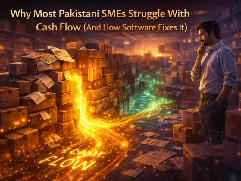 Why most Pakistani SMEs struggle with cash flow illustrated by a glowing golden cash flow river blocked by inventory and invoices inside a retail warehouse