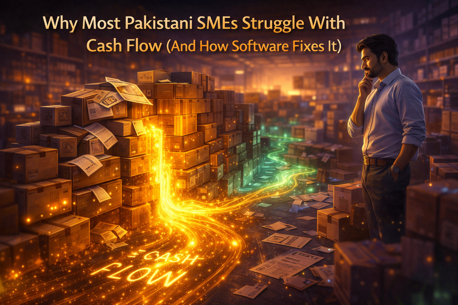 Why most Pakistani SMEs struggle with cash flow illustrated by a glowing golden cash flow river blocked by inventory and invoices inside a retail warehouse