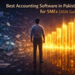 Best accounting software in Pakistan for SMEs 2026 illustrated by a business owner moving from financial chaos to glowing structured profit growth