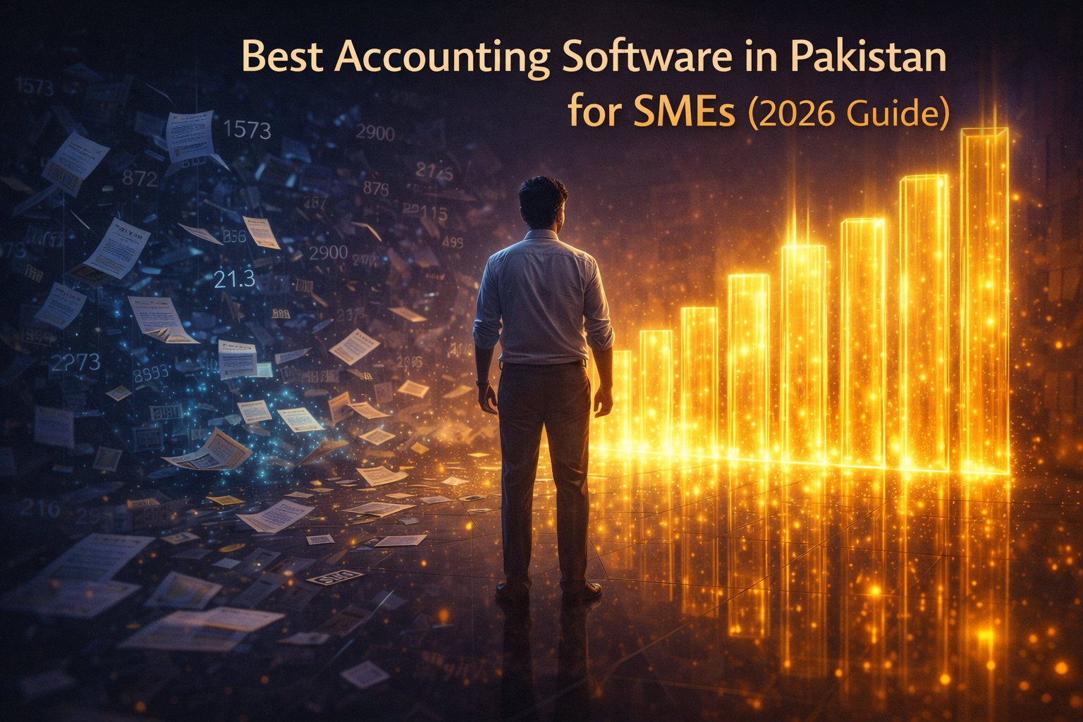 Best accounting software in Pakistan for SMEs 2026 illustrated by a business owner moving from financial chaos to glowing structured profit growth