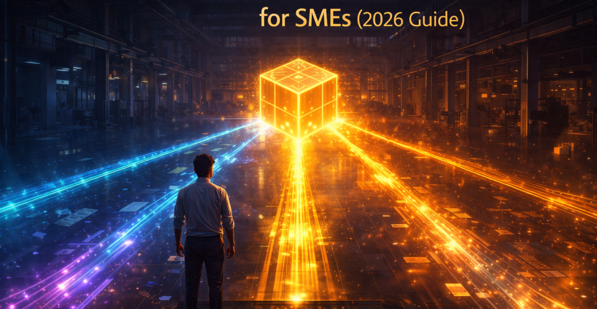 Best ERP software in Pakistan for SMEs 2026 illustrated by glowing integration pathways merging into a golden cube symbolizing unified business control