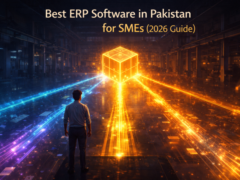 Best ERP software in Pakistan for SMEs 2026 illustrated by glowing integration pathways merging into a golden cube symbolizing unified business control