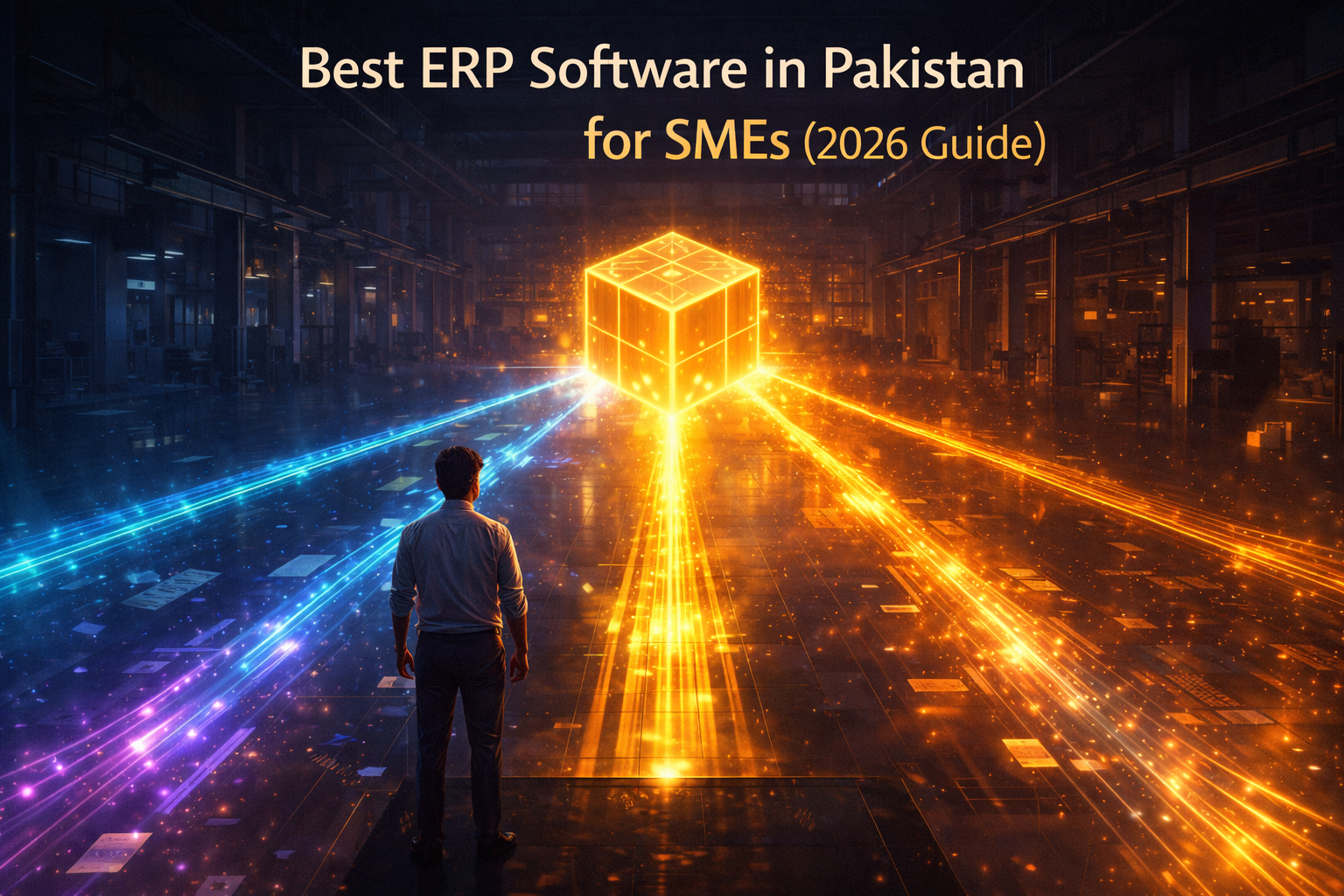 Best ERP software in Pakistan for SMEs 2026 illustrated by glowing integration pathways merging into a golden cube symbolizing unified business control