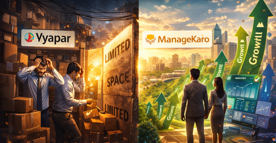 Vyapar vs ManageKaro 2026 comparison showing limited growth on Vyapar side and expanding scalable growth with ManageKaro for Pakistani SMEs