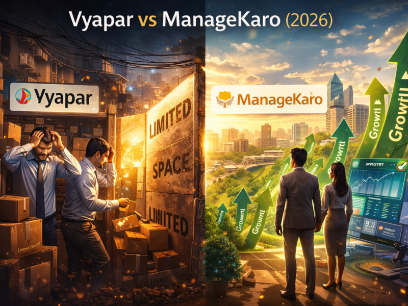 Vyapar vs ManageKaro 2026 comparison showing limited growth on Vyapar side and expanding scalable growth with ManageKaro for Pakistani SMEs