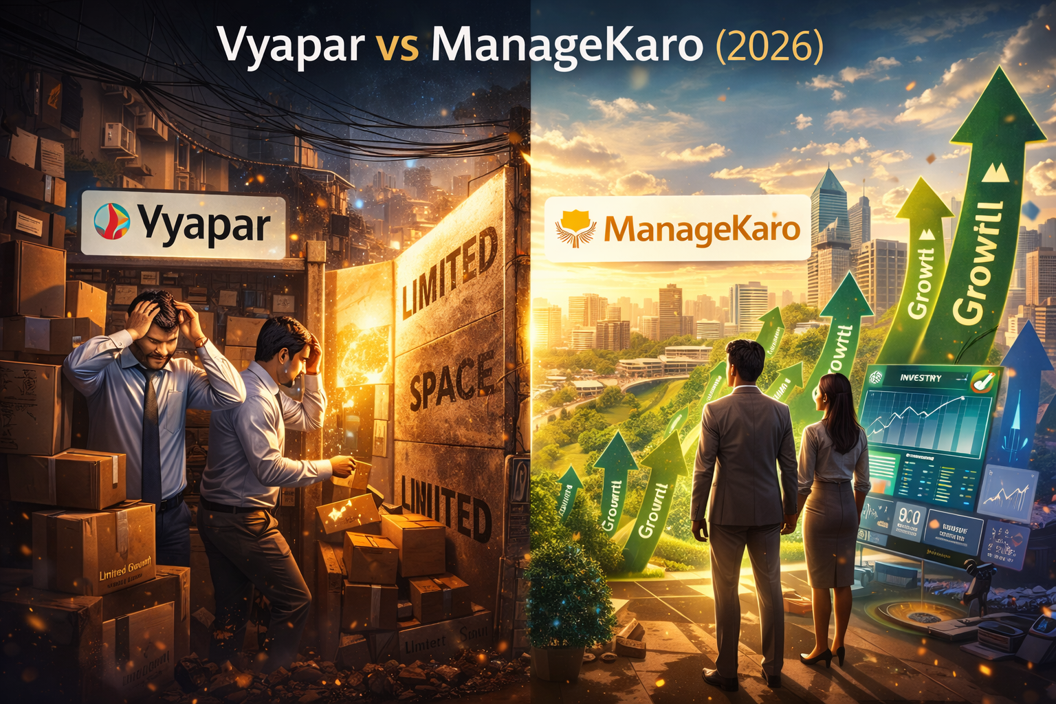 Vyapar vs ManageKaro 2026 comparison showing limited growth on Vyapar side and expanding scalable growth with ManageKaro for Pakistani SMEs
