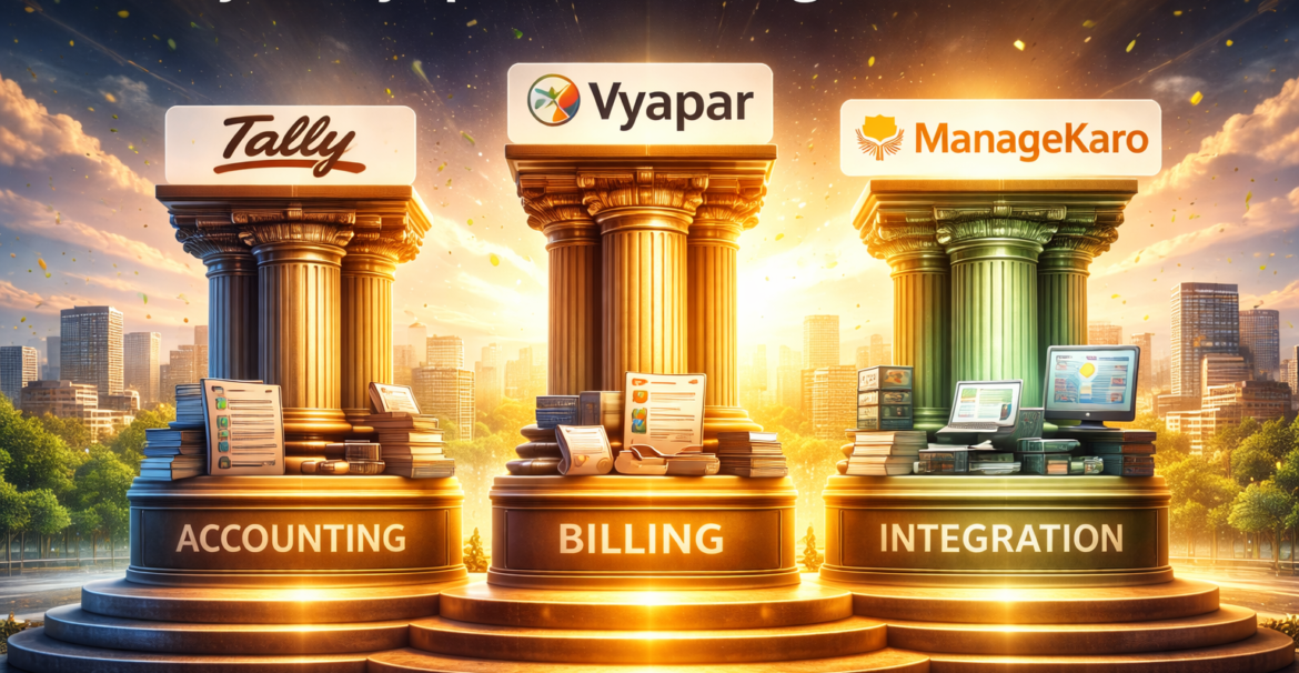 Tally vs Vyapar vs ManageKaro 2026 comparison showing three pillars representing accounting, billing, and integration for Pakistani SMEs