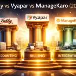 Tally vs Vyapar vs ManageKaro 2026 comparison showing three pillars representing accounting, billing, and integration for Pakistani SMEs