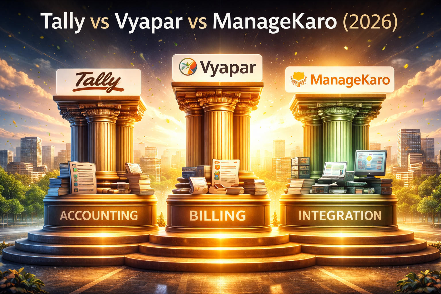 Tally vs Vyapar vs ManageKaro 2026 comparison showing three pillars representing accounting, billing, and integration for Pakistani SMEs