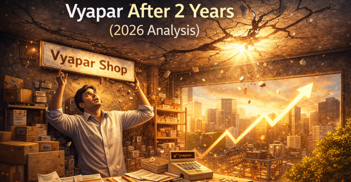 Why SMEs switch from Vyapar illustrated by a growing business cracking a ceiling under pressure symbolizing software growth limitations in 2026