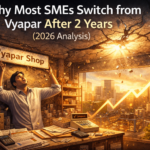 Why SMEs switch from Vyapar illustrated by a growing business cracking a ceiling under pressure symbolizing software growth limitations in 2026