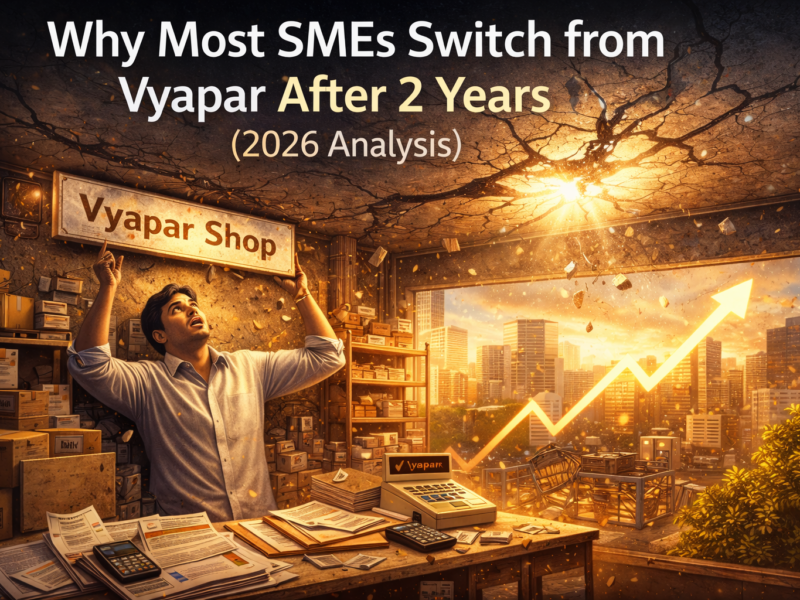 Why SMEs switch from Vyapar illustrated by a growing business cracking a ceiling under pressure symbolizing software growth limitations in 2026