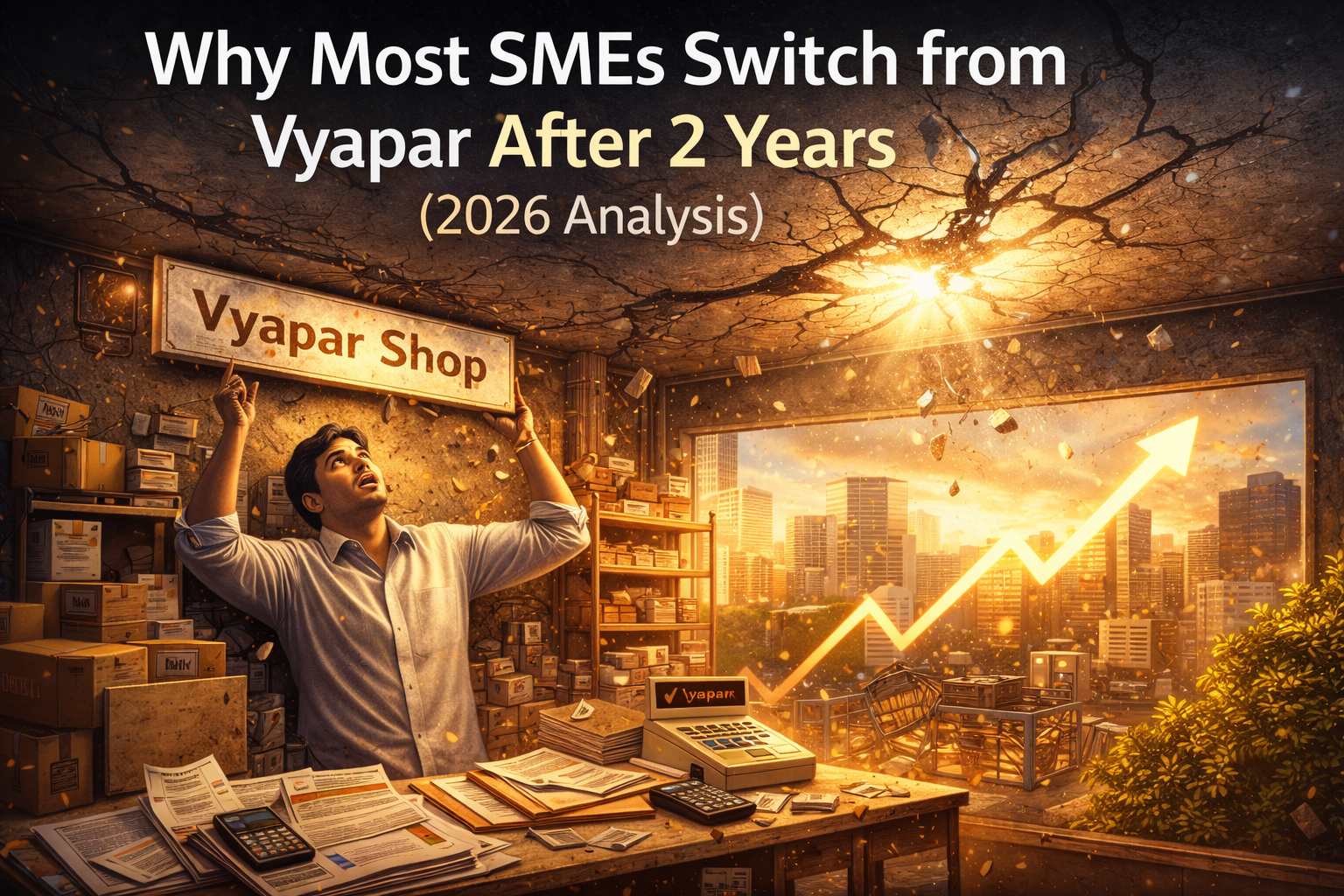 Why SMEs switch from Vyapar illustrated by a growing business cracking a ceiling under pressure symbolizing software growth limitations in 2026