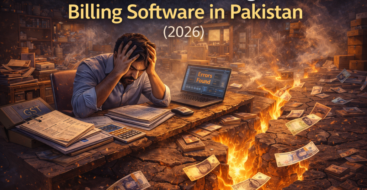 provide alt attributes Hidden costs of basic billing software in Pakistan illustrated by a stressed SME owner with money falling through cracked floor symbolizing financial losses in 2026