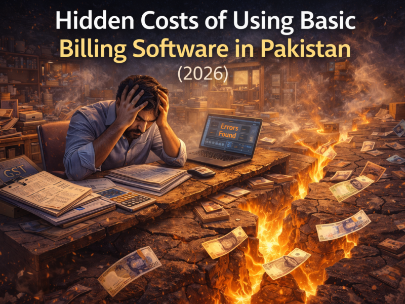 provide alt attributes Hidden costs of basic billing software in Pakistan illustrated by a stressed SME owner with money falling through cracked floor symbolizing financial losses in 2026