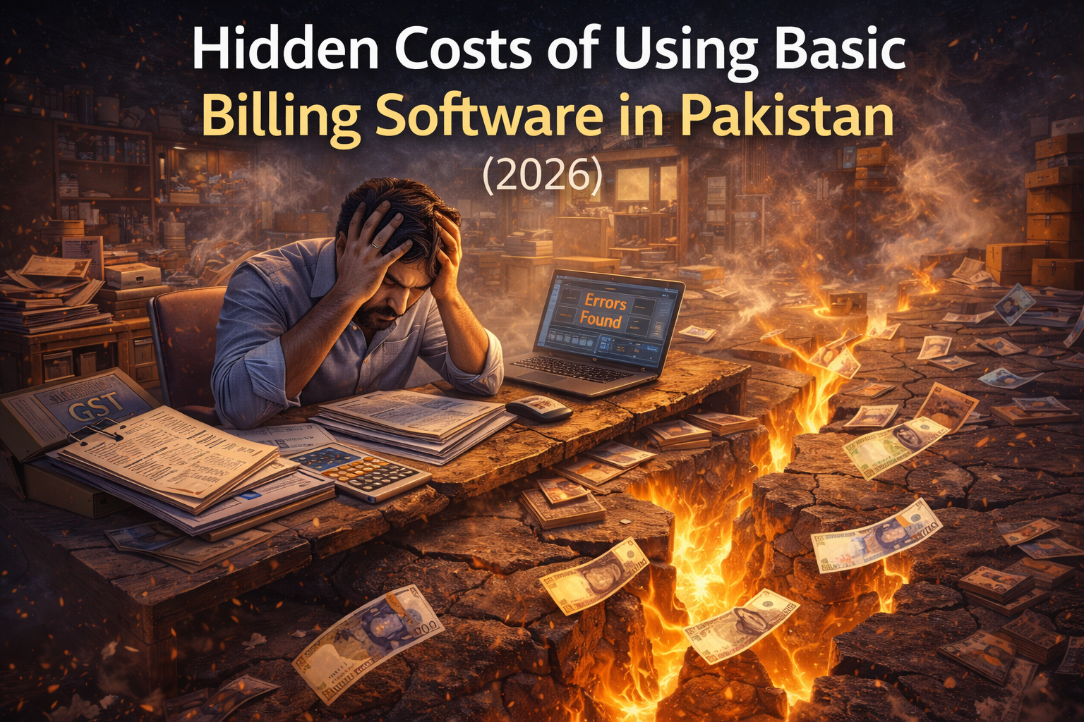 provide alt attributes Hidden costs of basic billing software in Pakistan illustrated by a stressed SME owner with money falling through cracked floor symbolizing financial losses in 2026