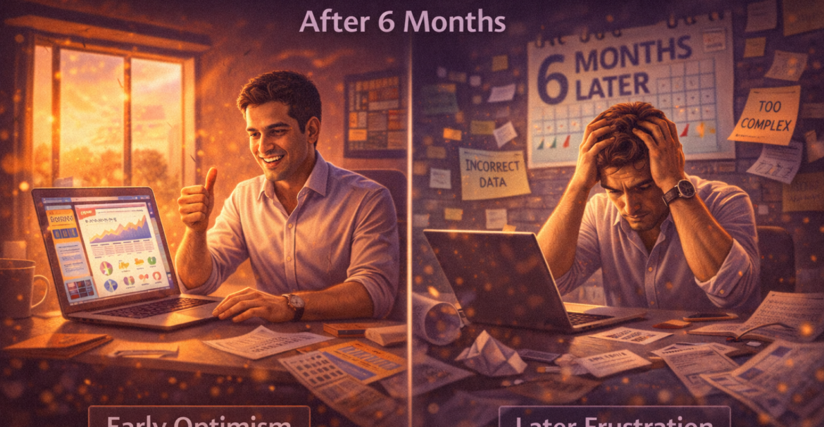 Why SMEs regret their software choice after six months, shown through early optimism turning into frustration as business complexity grows