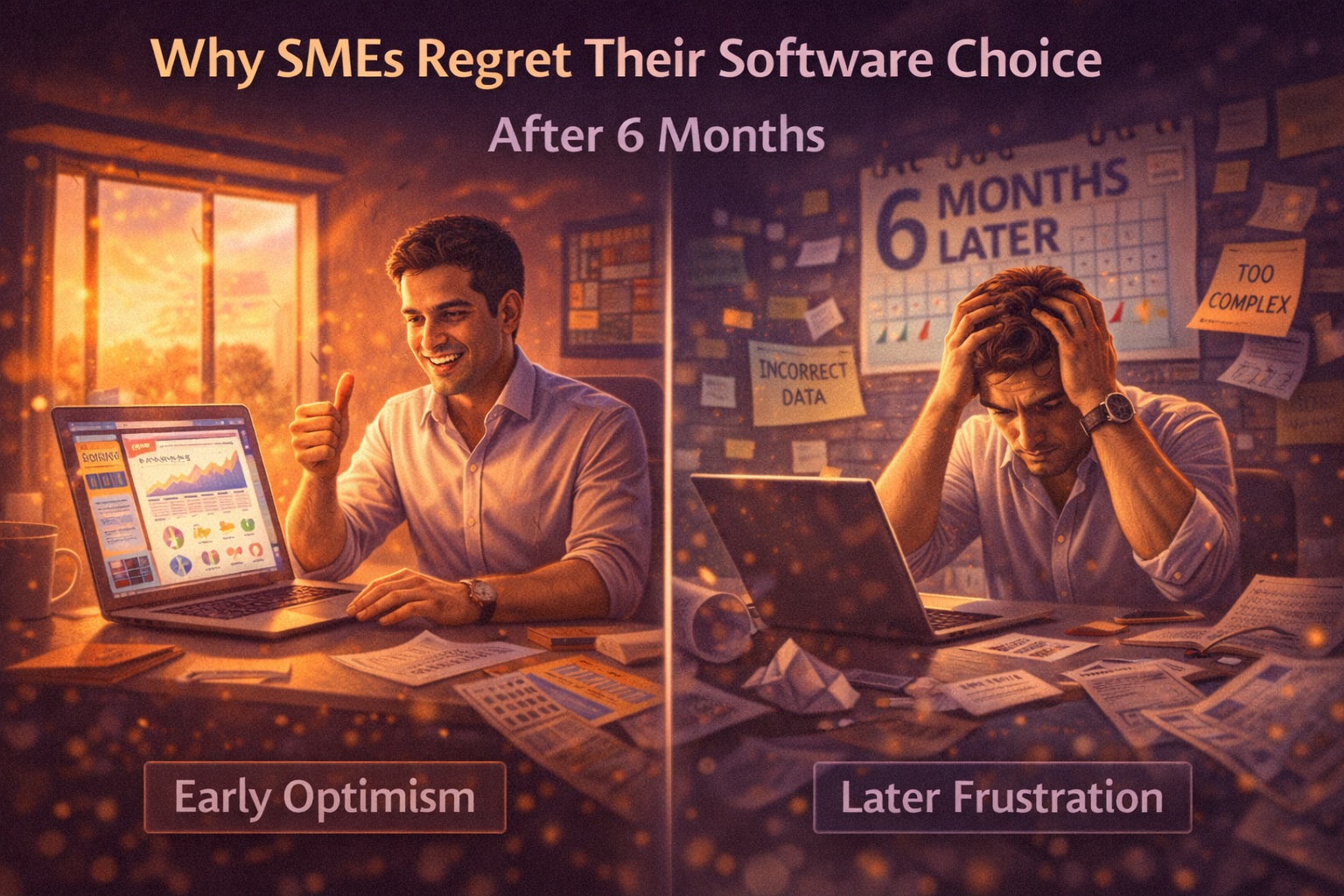 Why SMEs regret their software choice after six months, shown through early optimism turning into frustration as business complexity grows