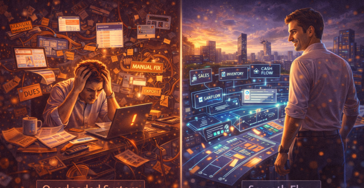 When software starts creating more work than it saves, shown by an overwhelmed SME owner versus a streamlined, efficient business system