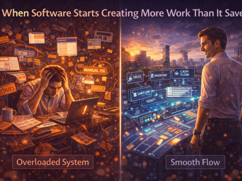 When software starts creating more work than it saves, shown by an overwhelmed SME owner versus a streamlined, efficient business system