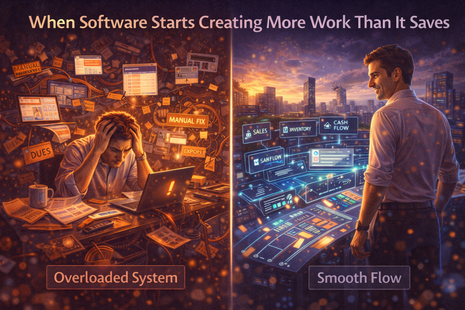 When software starts creating more work than it saves, shown by an overwhelmed SME owner versus a streamlined, efficient business system