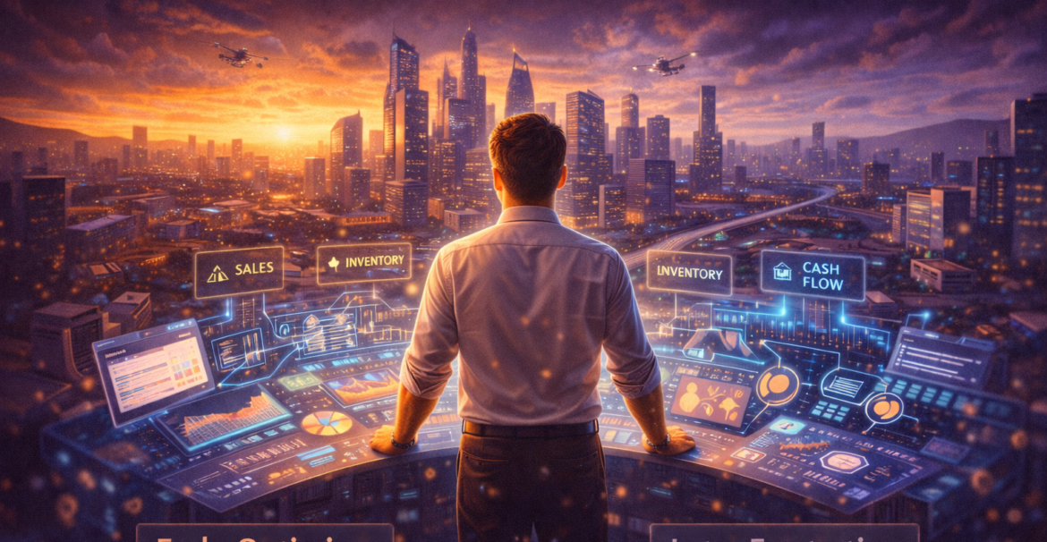 Best business software for SMEs in 2026 illustrated by a business owner managing sales, inventory, and cash flow in a futuristic city