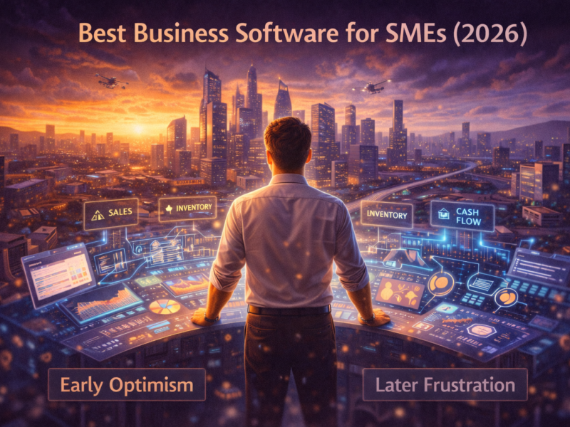 Best business software for SMEs in 2026 illustrated by a business owner managing sales, inventory, and cash flow in a futuristic city