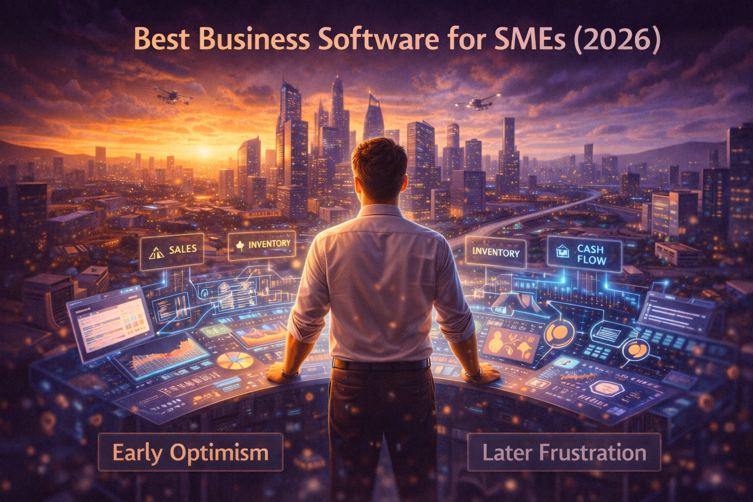 Best business software for SMEs in 2026 illustrated by a business owner managing sales, inventory, and cash flow in a futuristic city