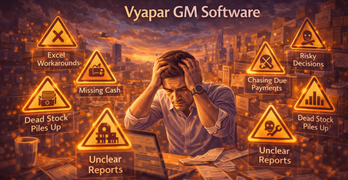 7 warning signs your business has outgrown Vyapar GM software shown through a stressed SME owner surrounded by growth obstacles