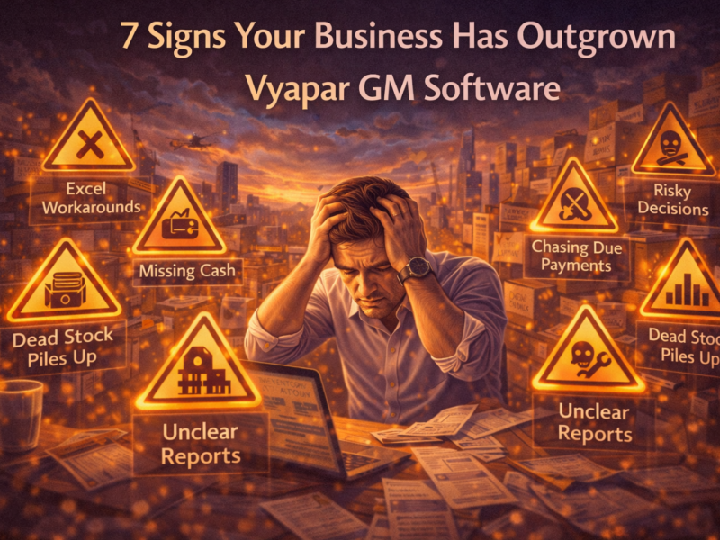 7 warning signs your business has outgrown Vyapar GM software shown through a stressed SME owner surrounded by growth obstacles